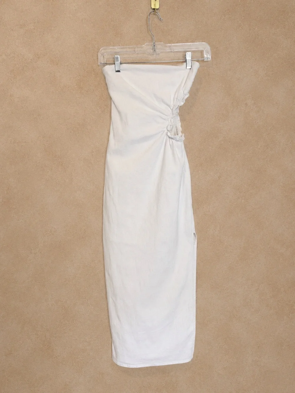 Mable White Strapless Cutout Midi Dress Linen Blend